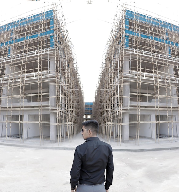 Young asian businessman with construction site