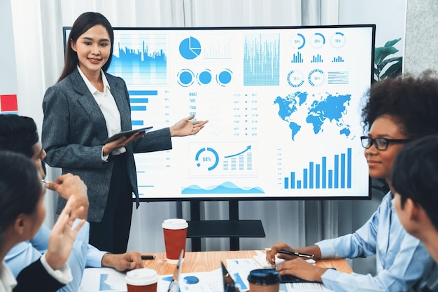 Young asian businesswoman presenting data analysis dashboard on TV screen in modern meeting Business presentation with group of business people in conference room Concord