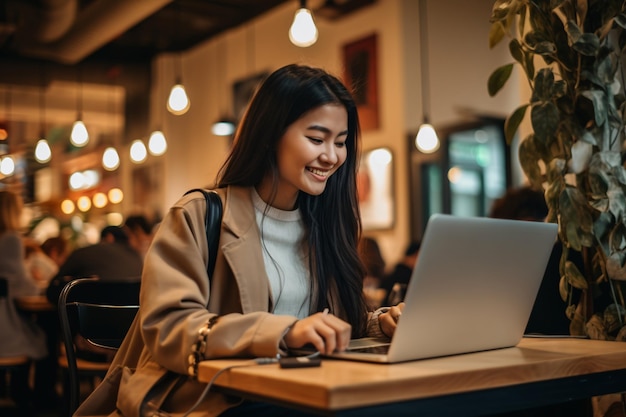 Young asian businesswoman working on laptop in coffee shop Freelance business concept