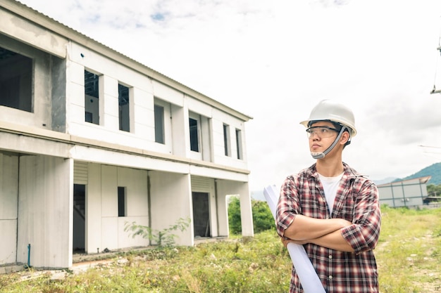 Young asian checking house with foreman engineering home