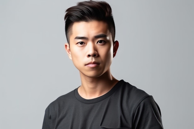 Young asian chinese man wearing t shirt standing over isolated white background relaxed with serious expression on face simple and natural looking at the camera