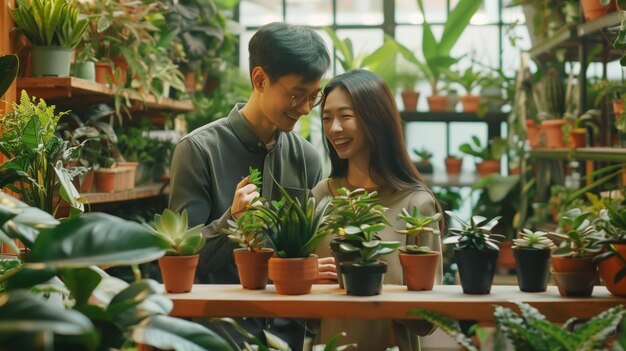 Young asian couple sharing a joyful moment in a lush indoor plant shop surrounded by potted plants