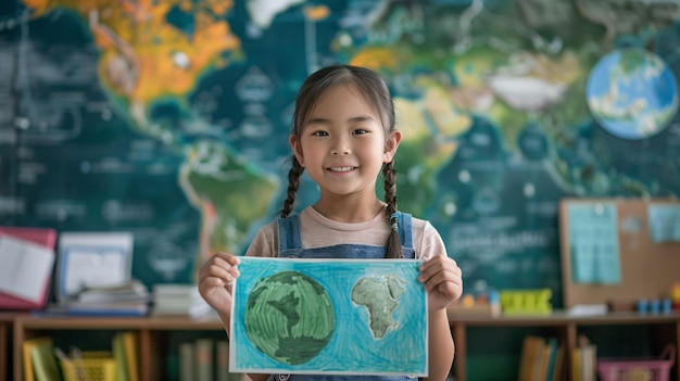 Young Asian demonstrating environmental awareness with a school backdrop celebrating Earth Day