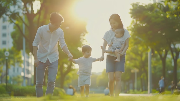 young asian family enjoying outdoor activity in city park Generative AI