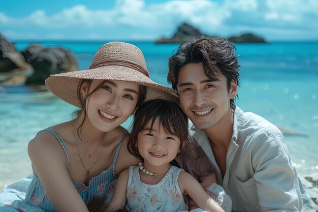 Young asian family enjoying together in the beach on summer vacation