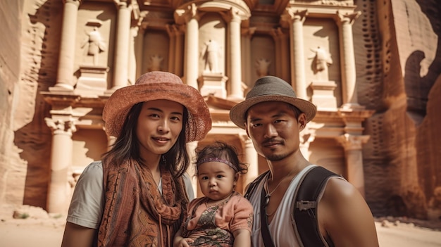 Young Asian family with their baby girl on vacation in Petra Jordan Generative AI