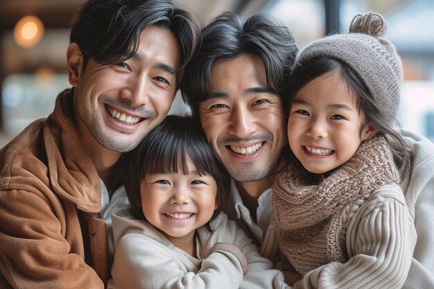 Young asian gay family enjoying together posing in front of camera