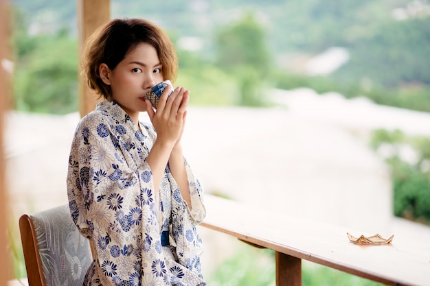 Young asian girl wearing kimono