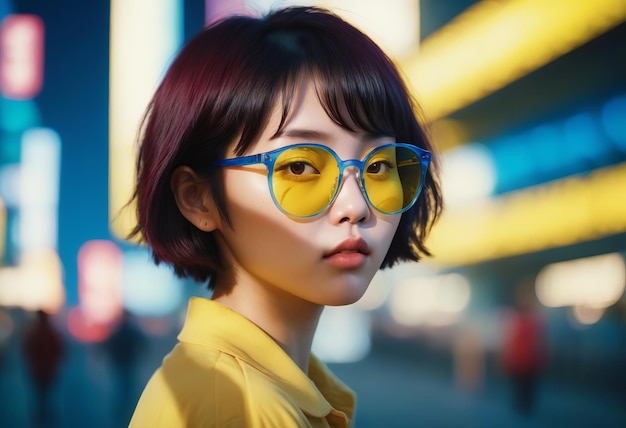 Photo a young asian girl with short dark hair wearing yellow sunglasses