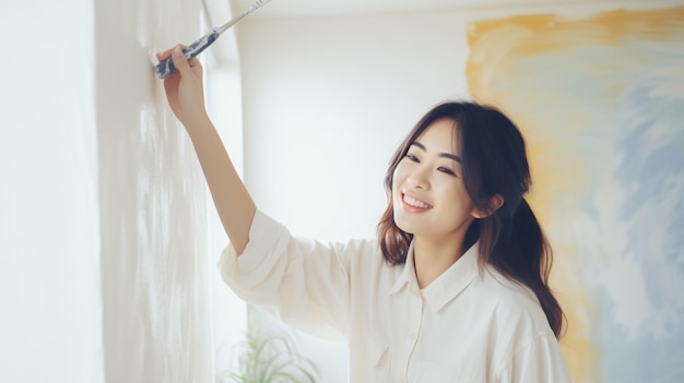 Young asian happy woman painting interior wall