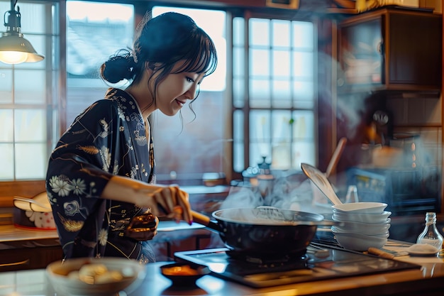 Photo young asian japanese lady enjoy cooking at home