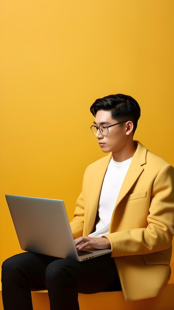 Young asian male working with his laptop on a yellow pastel background with space for text