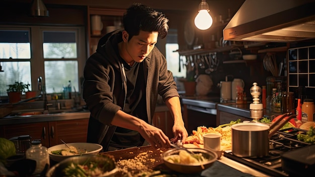 Young asian man cooking at his home asian cuisine young man living alone new hobby