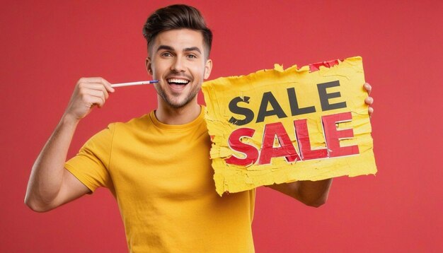 A young Asian man holding shopping bags and a red sale sign