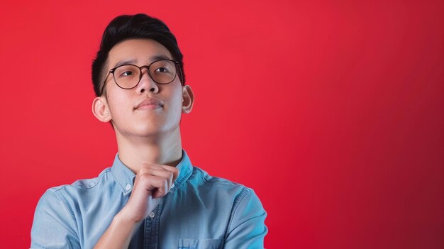 Young Asian man looking up on red background with copy space Thinking about business