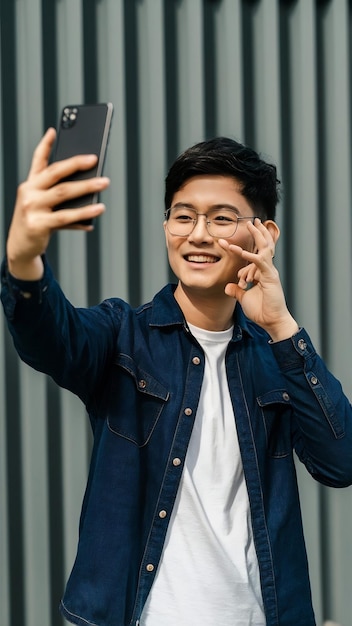 Young asian man using smartphone taking selfie photo friends and sharing lifestyle on social media