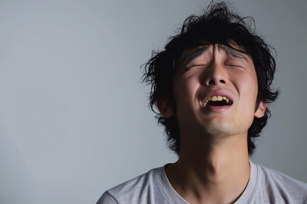 Photo young asian man with disheveled hair and pained expression on neutral background