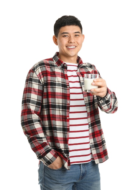 Young Asian man with milk isolated