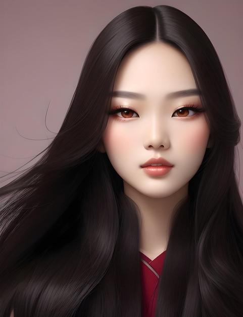 Young Asian Model Long Hair Korean Makeup and Perfect Skin