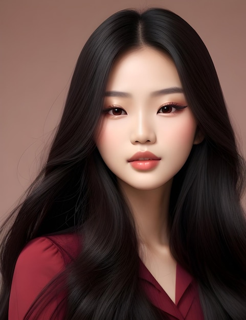 Young Asian Model Long Hair Korean Makeup and Perfect Skin