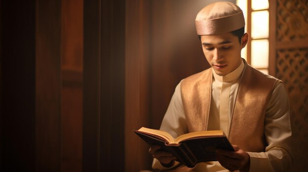 Young Asian Muslim man with cap reading