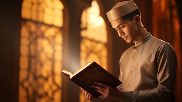 Young Asian Muslim man with cap reading