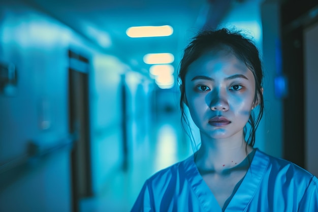 Young Asian Nurse Expressing Exhaustion During Night Shift at Hospital