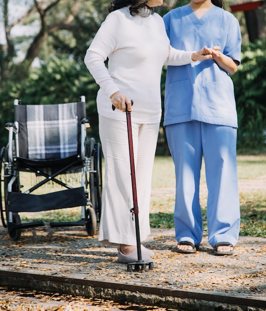 Young asian physical therapist working with senior woman on walking with a walker