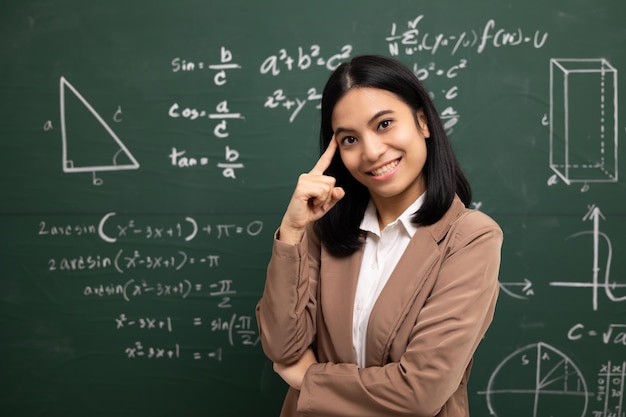 Young asian teacher woman standing looking at camera and video conference with student Female teacher training the mathematics in classroom blackboard from online course