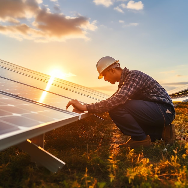 Young Asian technician man standing and talking on smartphone between long rows of photovoltaic sola