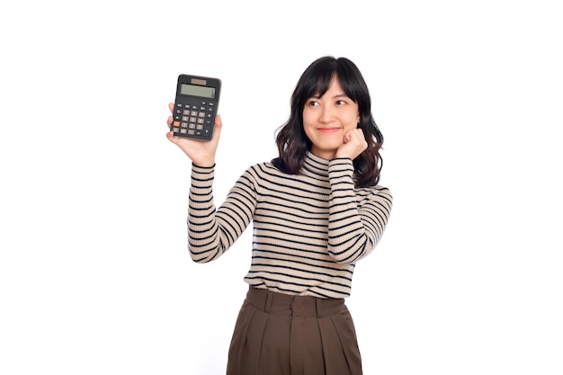 Young Asian woman casual uniform holding calculator Business and financial concept