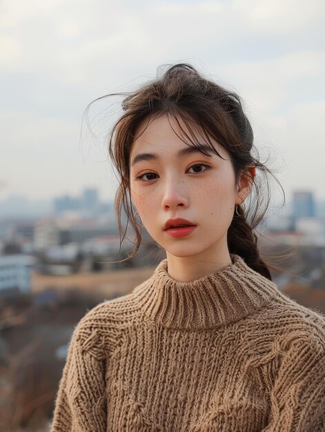 Young Asian Woman in Cozy Sweater Posing for Casual Outdoor Portrait with Cityscape Background