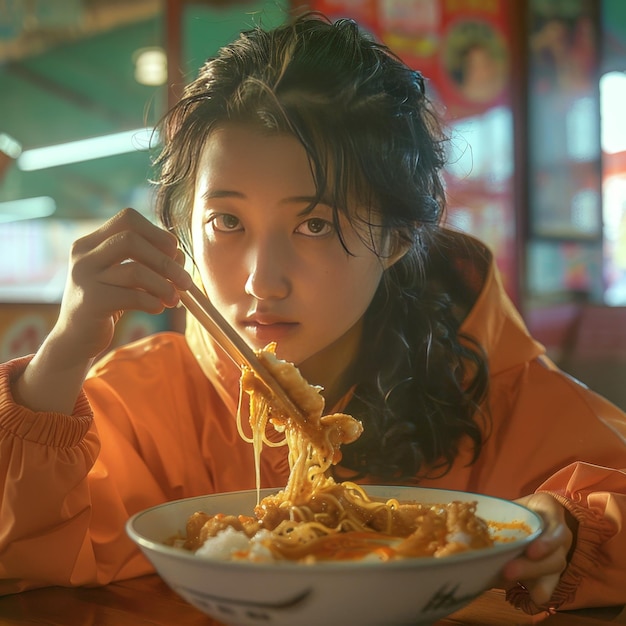 Photo young asian woman eating noodle with chopsticks in a restaurant