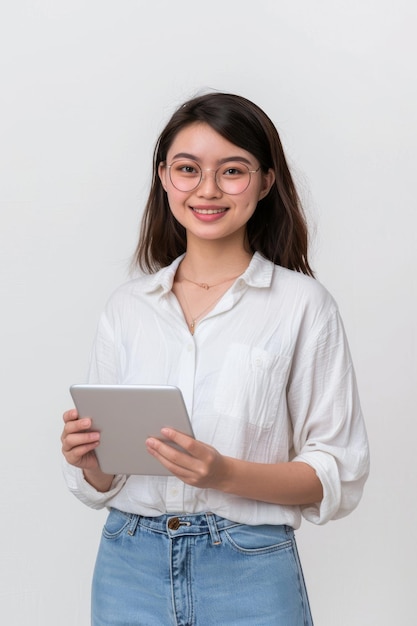 young asian woman in glasses smiling and holding digital tablet on white background