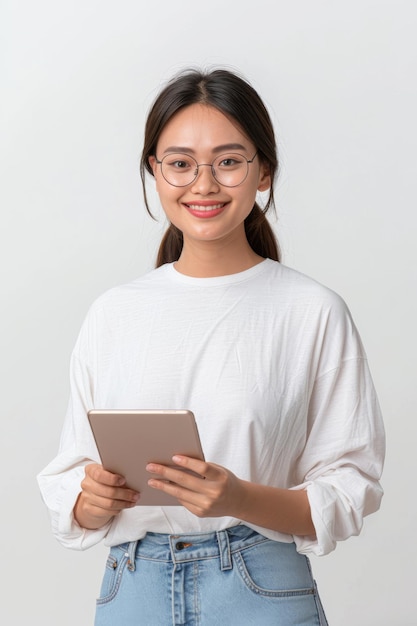 young asian woman in glasses smiling and holding digital tablet on white background