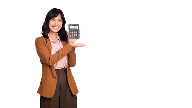 Young Asian woman holding calculator isolated on white background Business Account and finance concept