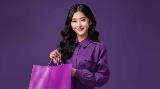 Young asian woman holding shopping bag on purple background