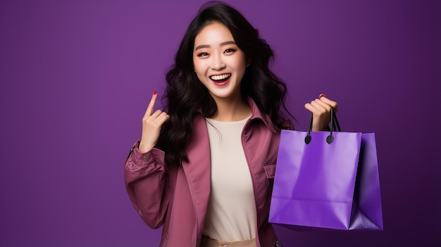 Young asian woman holding shopping bag on purple background