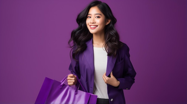 Young asian woman holding shopping bag on purple background