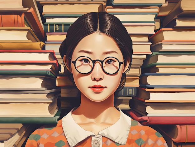 a young asian woman holding a stack of books