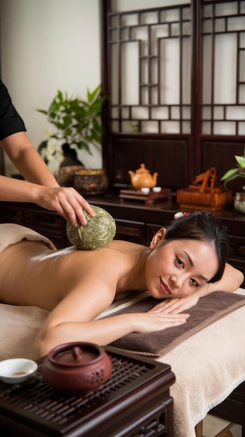 Photo young asian woman is taking th herbal ball hot compress massage in an authetic spa authentic