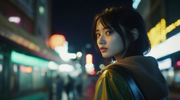 young Asian woman in Japan Street at night