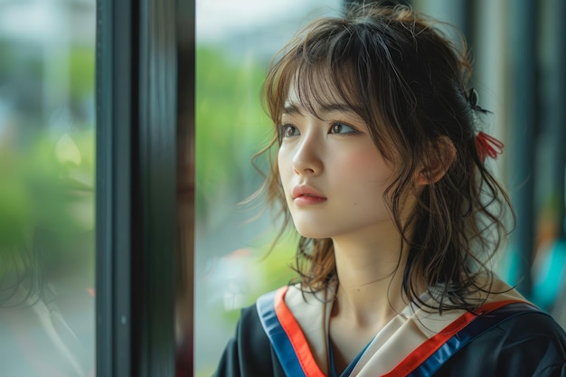 Young Asian Woman in Pensive Mood Looking Through Window with Natural Light and Thoughtful