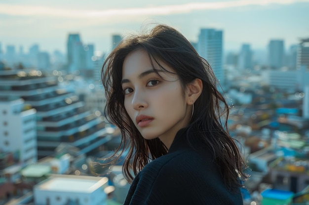 Young Asian Woman Posing On Rooftop With Urban Skyline Background During Golden Hour