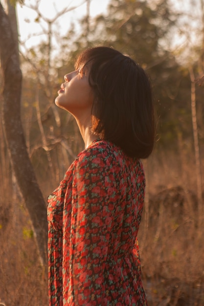 Young asian woman posing at sunset in nature