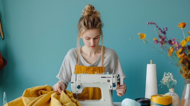 Photo a young asian woman sewing in a bright studio surrounded by colorful fabrics and spools of thread creating a vibrant and creative atmosphere