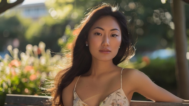 A young Asian woman sits on a bench her long dark hair flowing in the gentle breeze as she looks directly at the camera Sunlight streams through the leaves casting a warm glow on her face