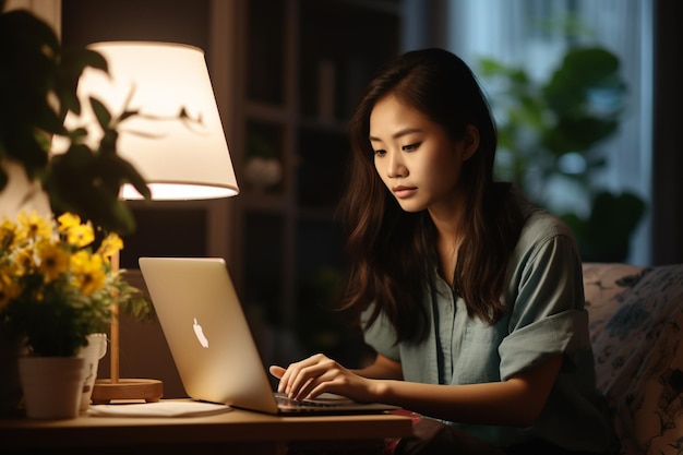 young asian woman sitting at home with laptop computer girl browsing websites or studying