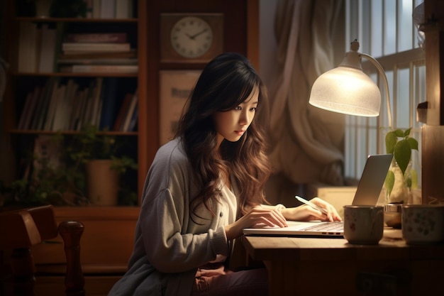 young asian woman sitting at home with laptop computer girl browsing websites or studying