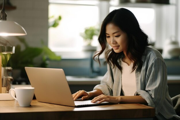 young asian woman sitting at home with laptop computer girl browsing websites or studying